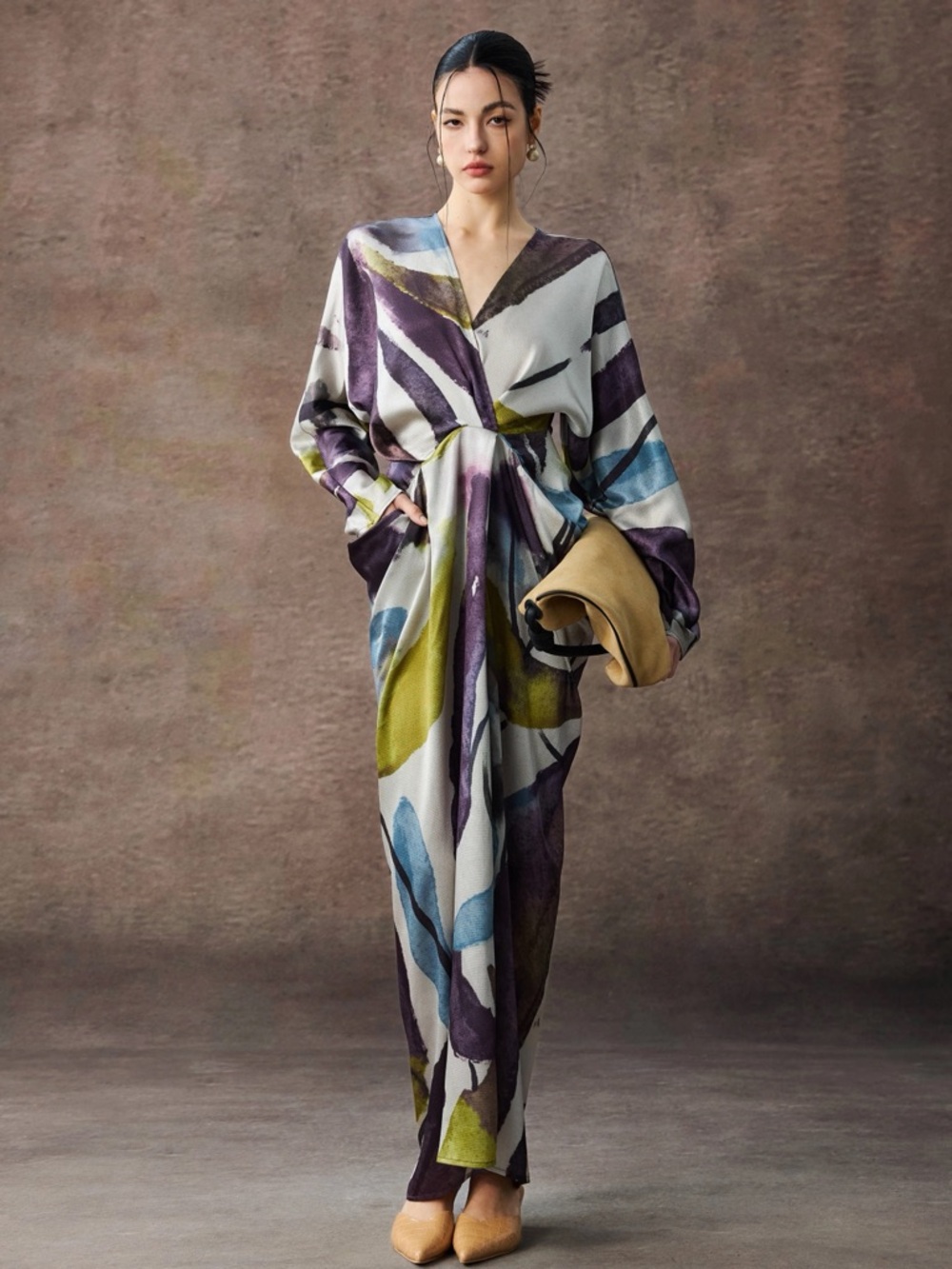 French Geometric Print Asymmetric Maxi Dress Long Sleeve V-Neck Designer S
